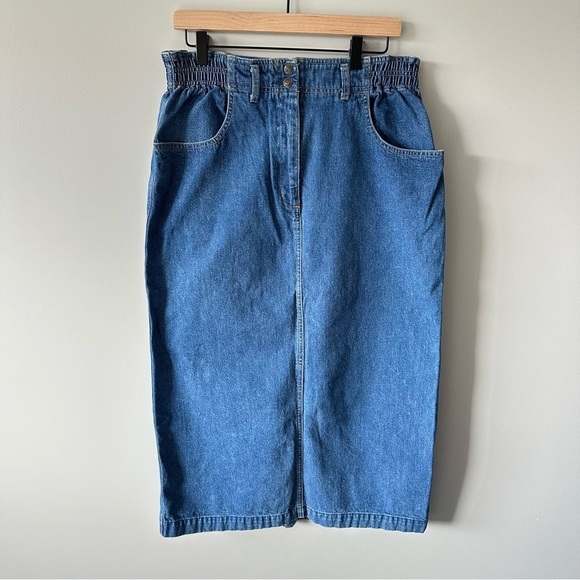 Talbots Dresses & Skirts - Talbots Vintage Denim Skirt 14 Paper Bag Waist Modest Pockets 90s Preppy